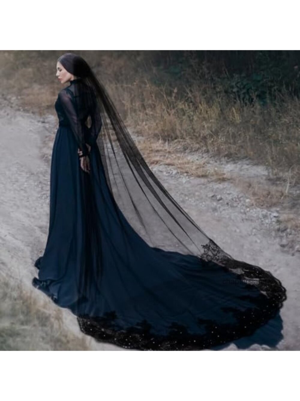Black Lace Cathedral Veil Chiffon Metal Comb Bridal Halloween